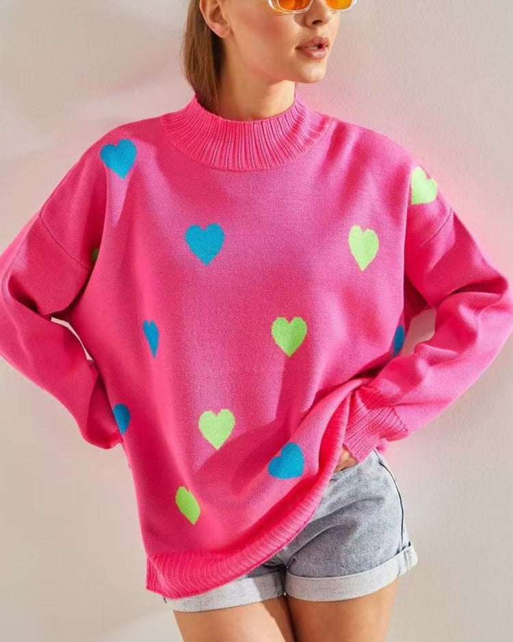 Scattered Heart Oversized Mock Neck Sweater - Pink - 3