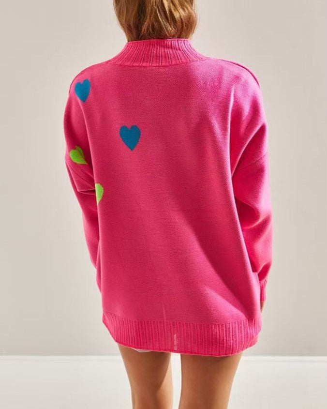 Scattered Heart Oversized Mock Neck Sweater - Pink - 4