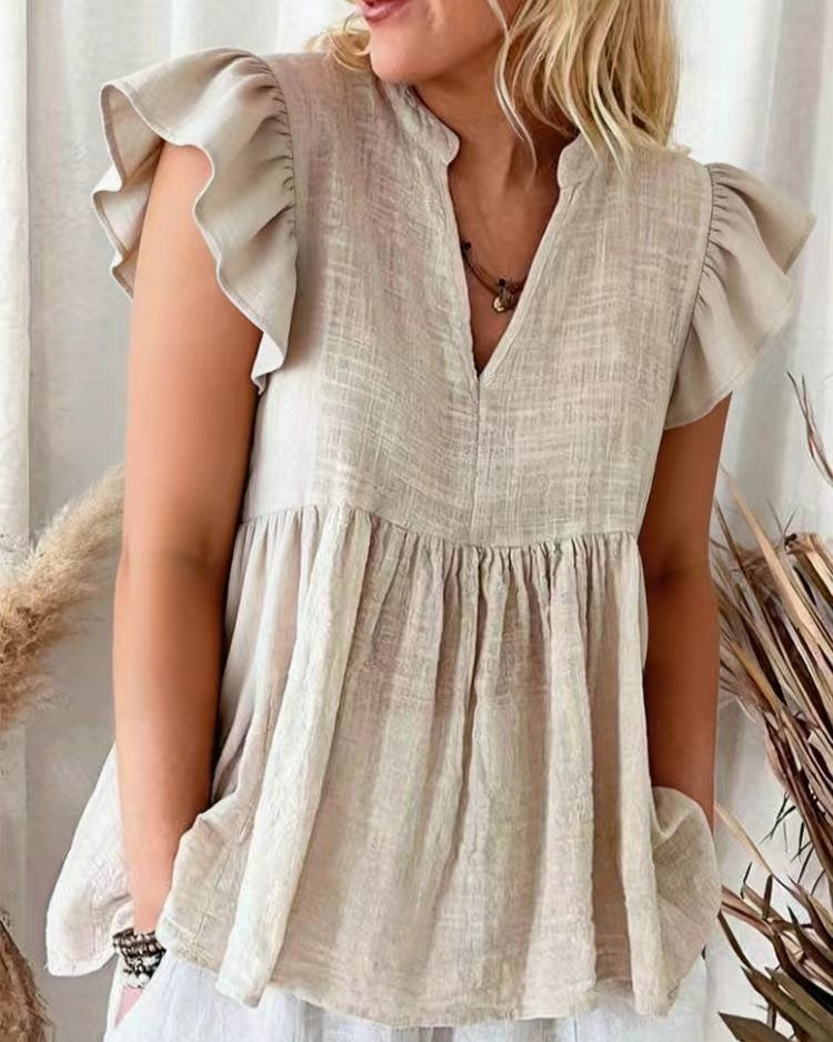 Flutter Sleeve Notch Neck Babydoll Blouse - Apricot