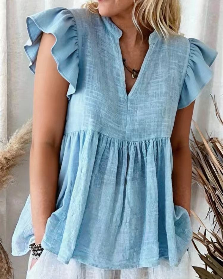 Flutter Sleeve Notch Neck Babydoll Blouse - Blue