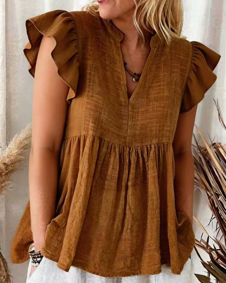 Flutter Sleeve Notch Neck Babydoll Blouse - Brown