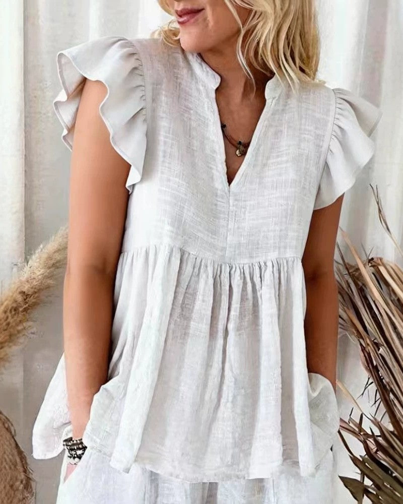 Flutter Sleeve Notch Neck Babydoll Blouse - White - 1