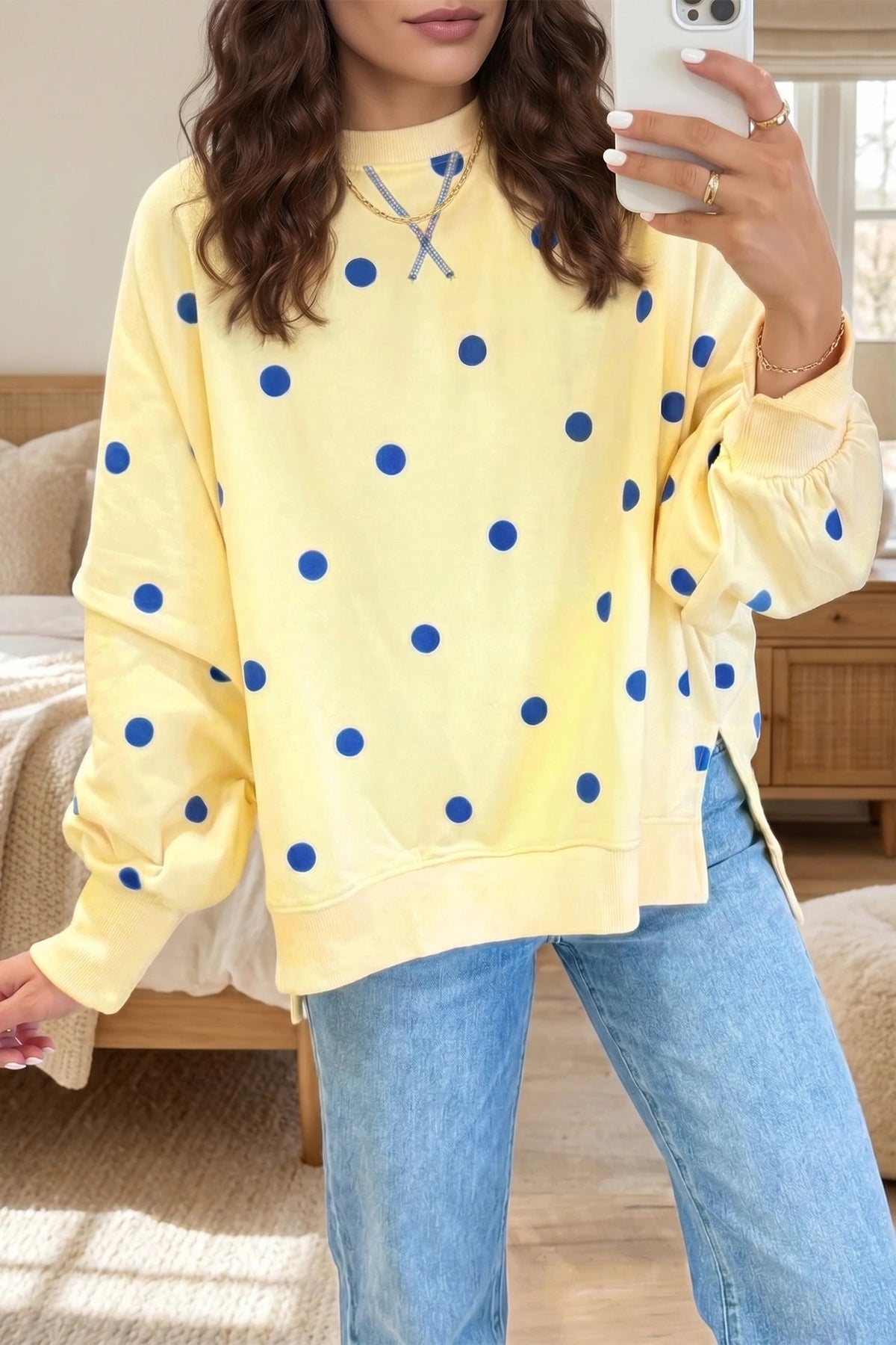 Polka Dot Drop Shoulder Slouchy Sweatshirt - Yellow