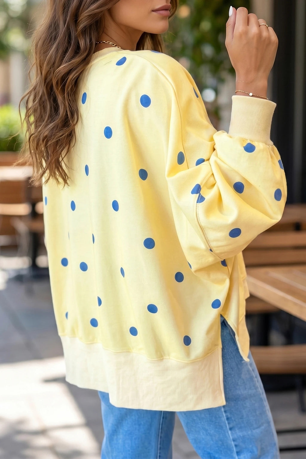Polka Dot Drop Shoulder Slouchy Sweatshirt - Yellow - 1