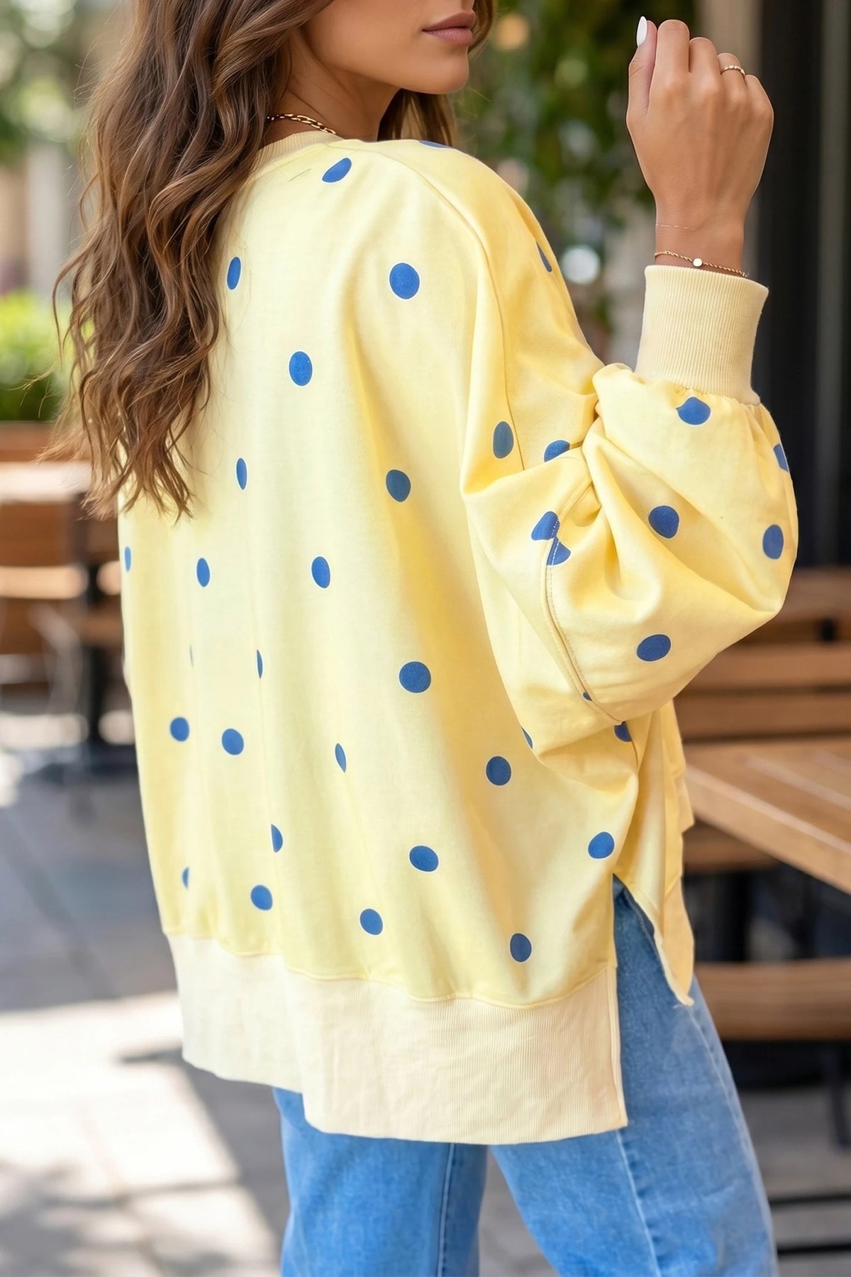 Polka Dot Drop Shoulder Slouchy Sweatshirt - Yellow - 1