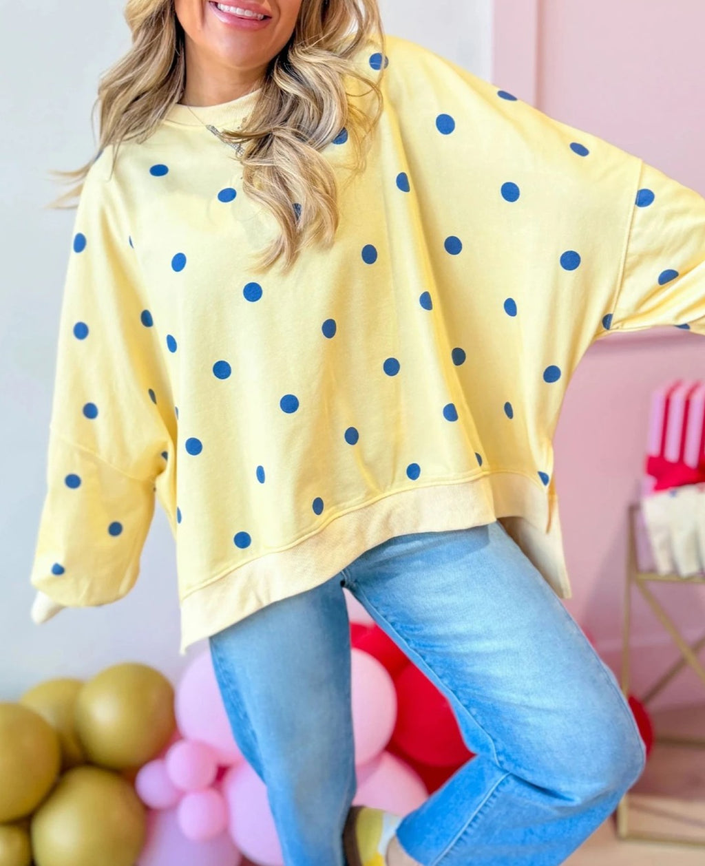 Polka Dot Drop Shoulder Slouchy Sweatshirt - Yellow - 2