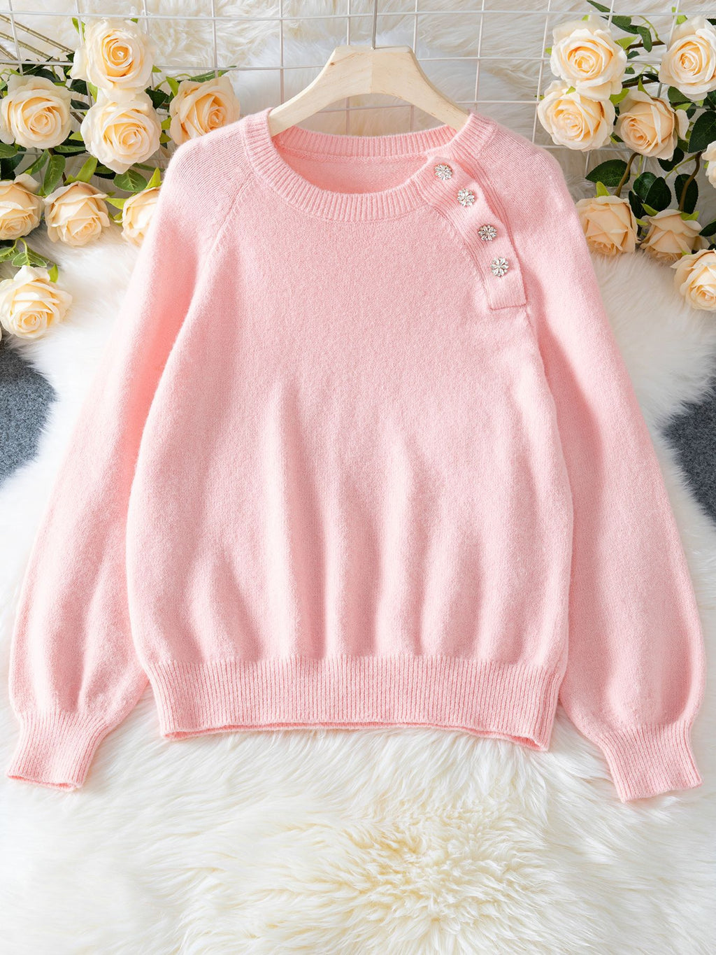 Rhinestone Flower Button Shoulder Knit Sweater - Pink - 1