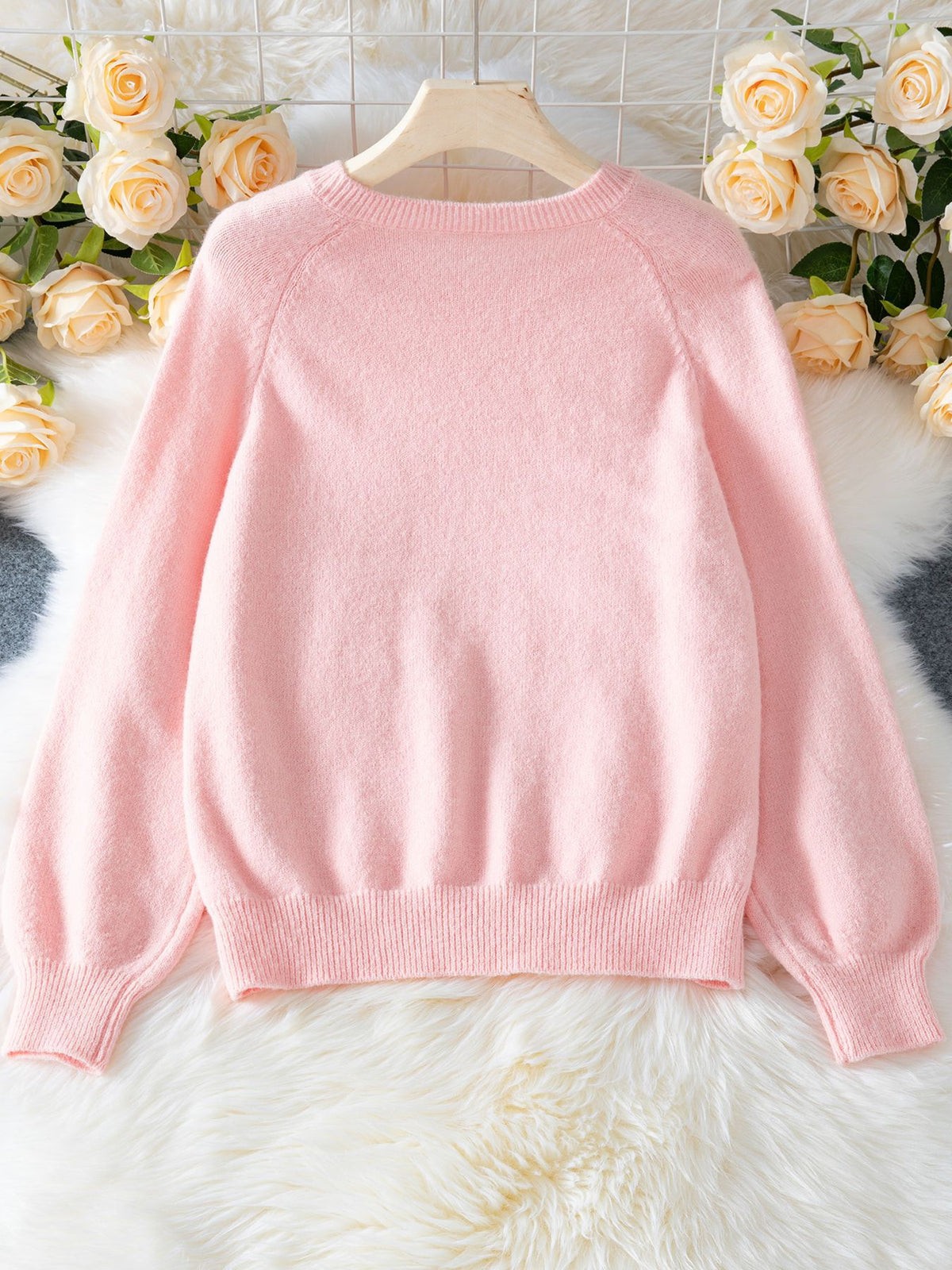 Rhinestone Flower Button Shoulder Knit Sweater - Pink - 2