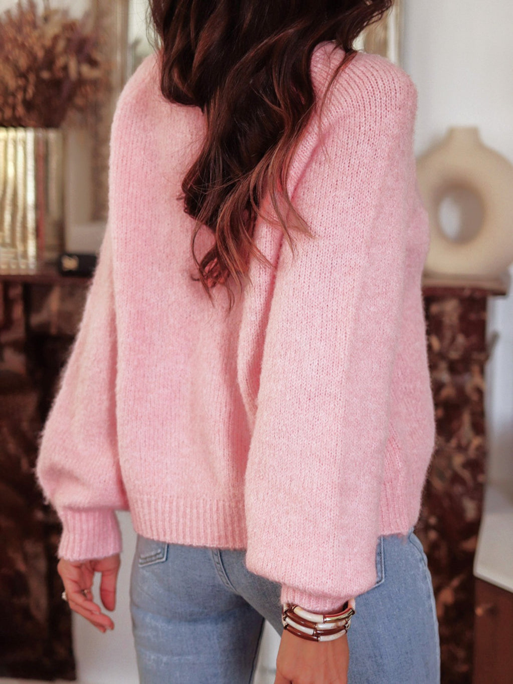 Rhinestone Flower Button Shoulder Knit Sweater - Pink - 5