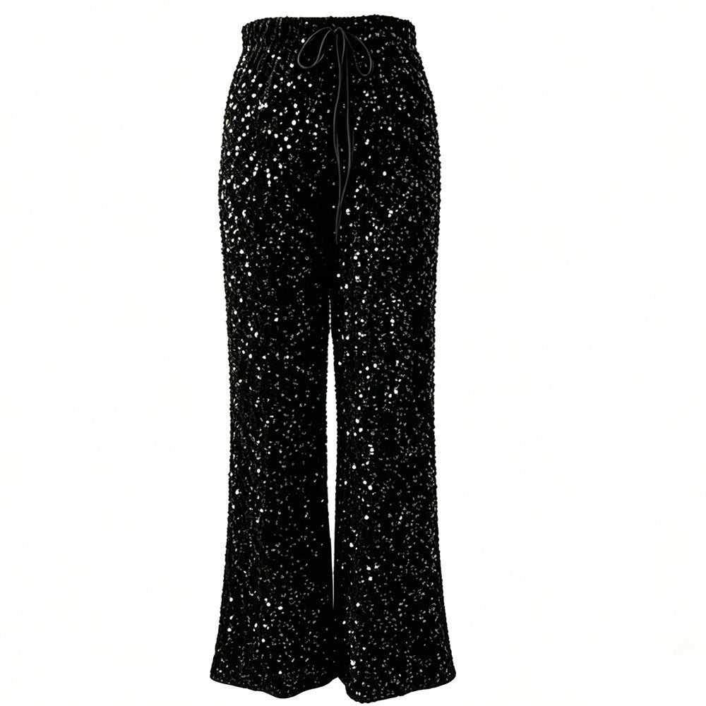 Glittering Sequin Wide Leg Evening Trousers - Black