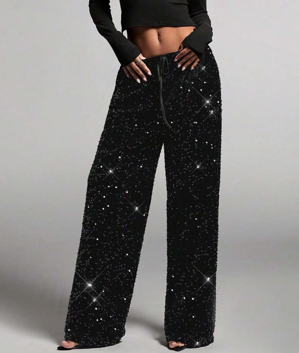 Glittering Sequin Wide Leg Evening Trousers - Black - 1