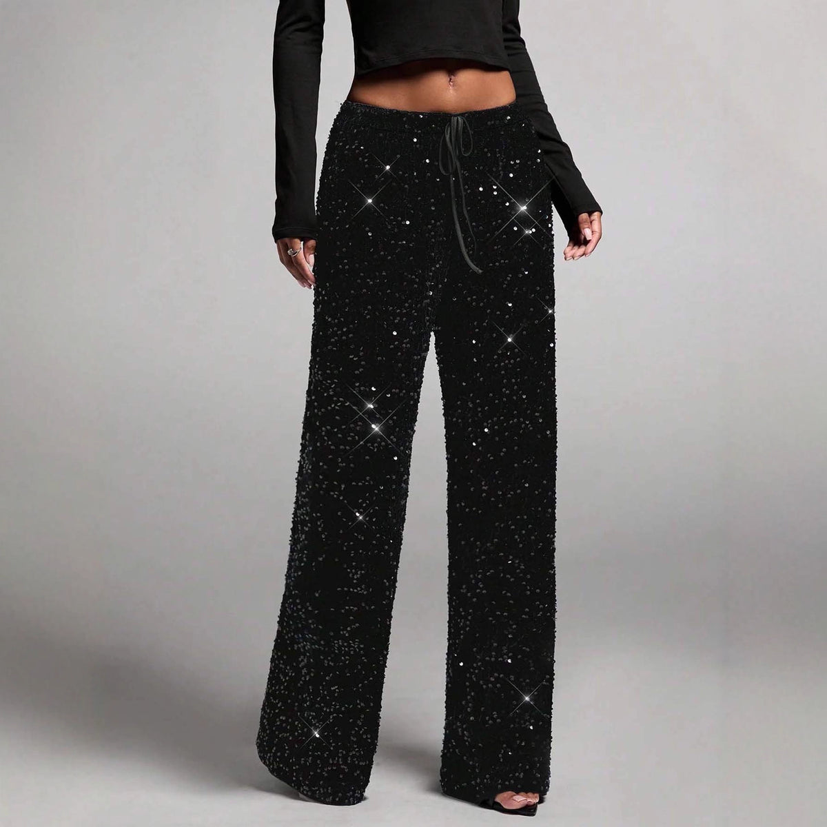 Glittering Sequin Wide Leg Evening Trousers - Black - 2