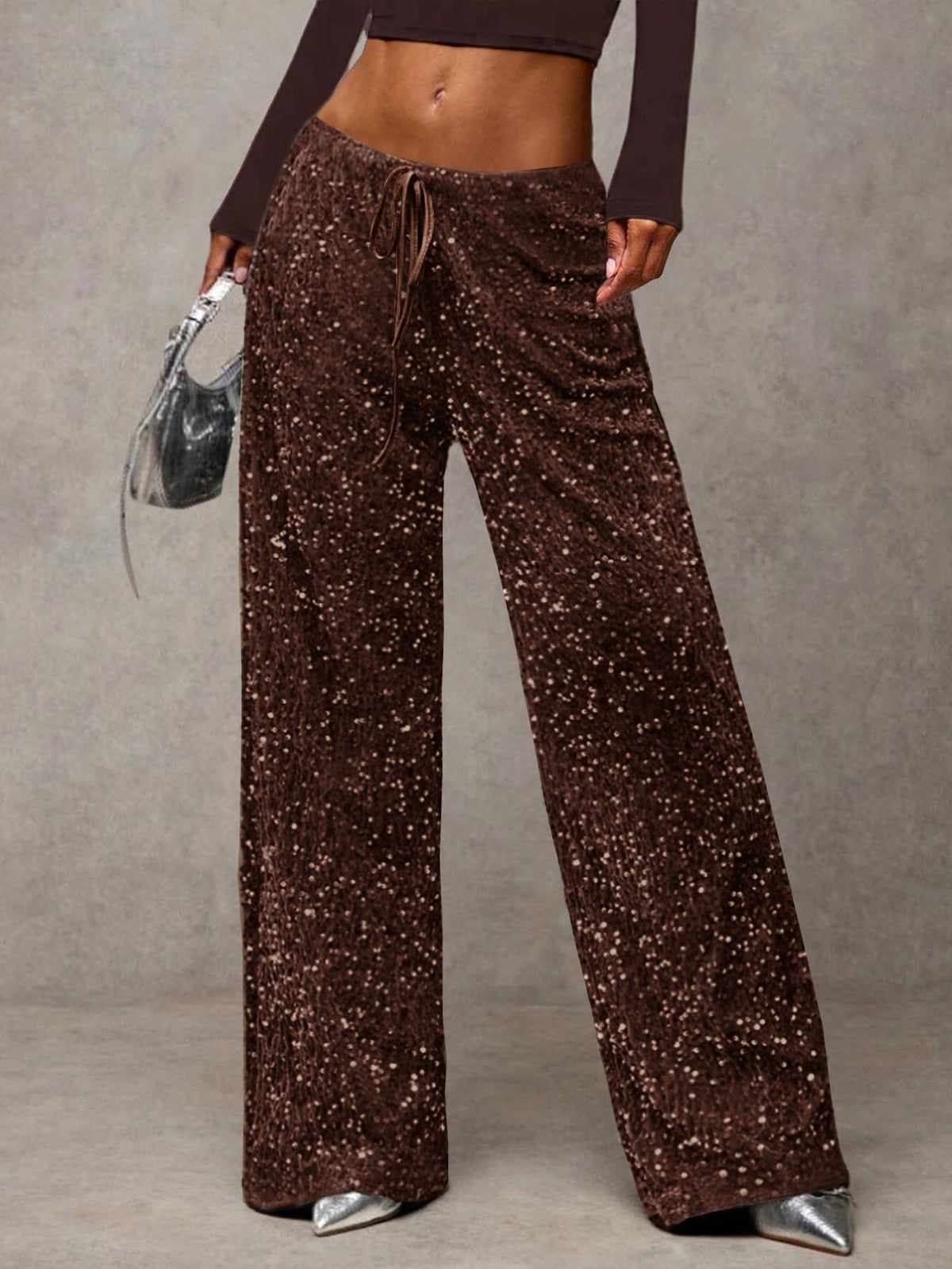 Glittering Sequin Wide Leg Evening Trousers - Coffee