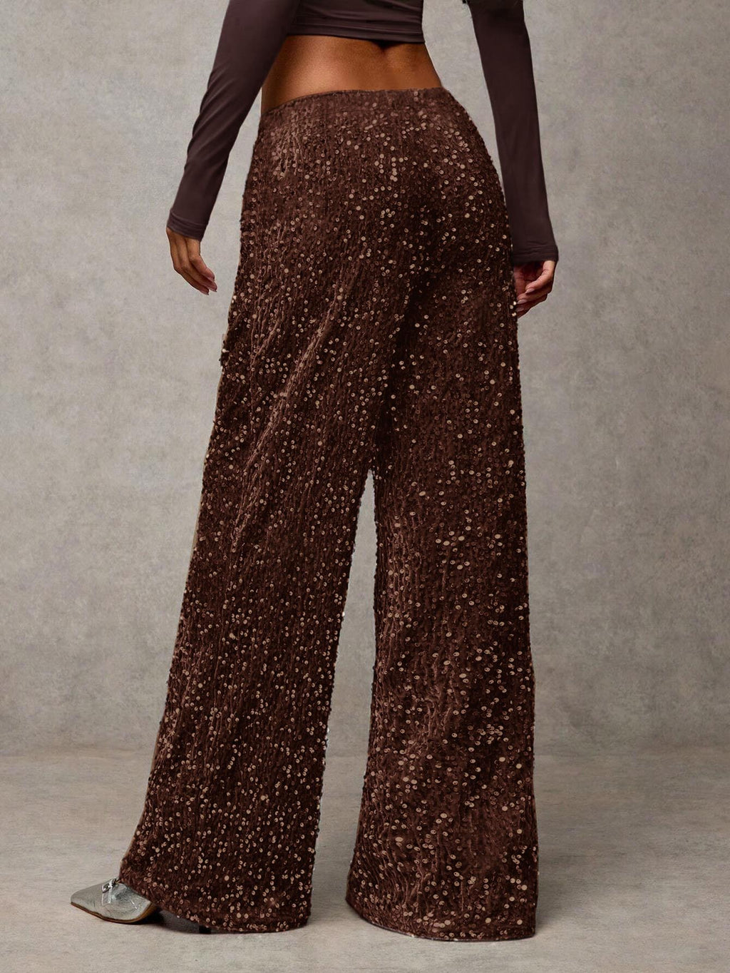 Glittering Sequin Wide Leg Evening Trousers - Coffee - 2