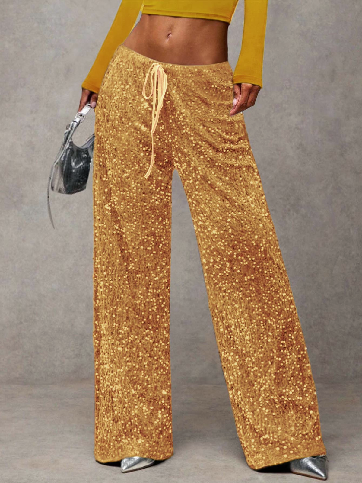 Glittering Sequin Wide Leg Evening Trousers - Earthy - 2