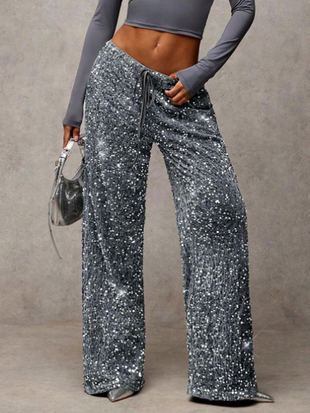 Glittering Sequin Wide Leg Evening Trousers - Grey - 2