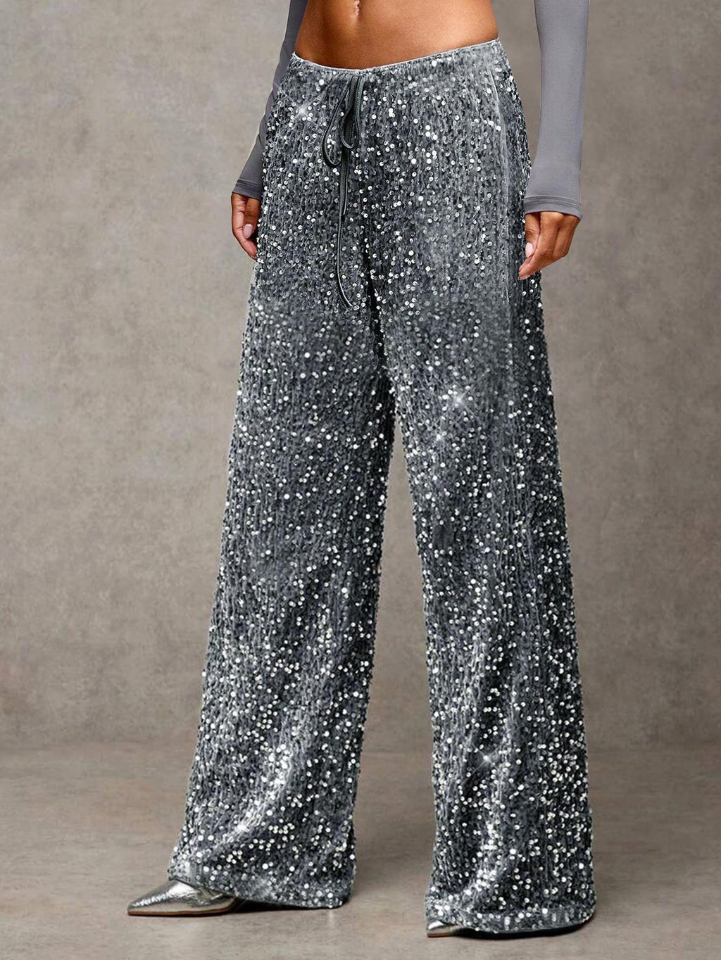 Glittering Sequin Wide Leg Evening Trousers - Grey - 3