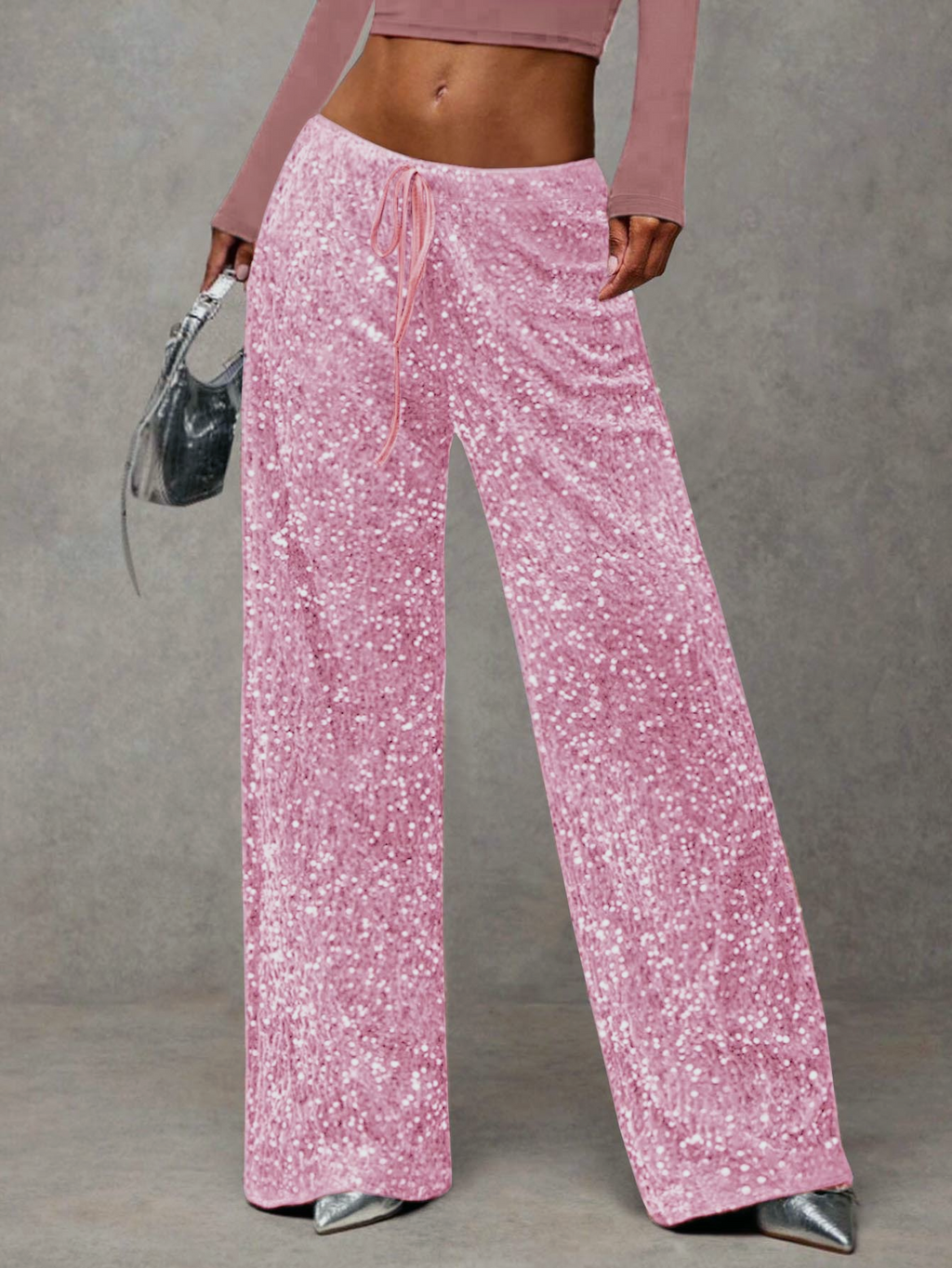 Glittering Sequin Wide Leg Evening Trousers - Pink