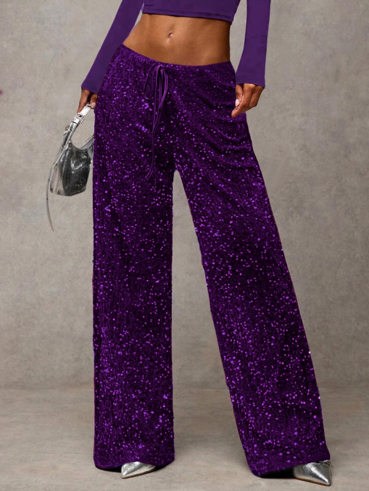 Glittering Sequin Wide Leg Evening Trousers - Purple