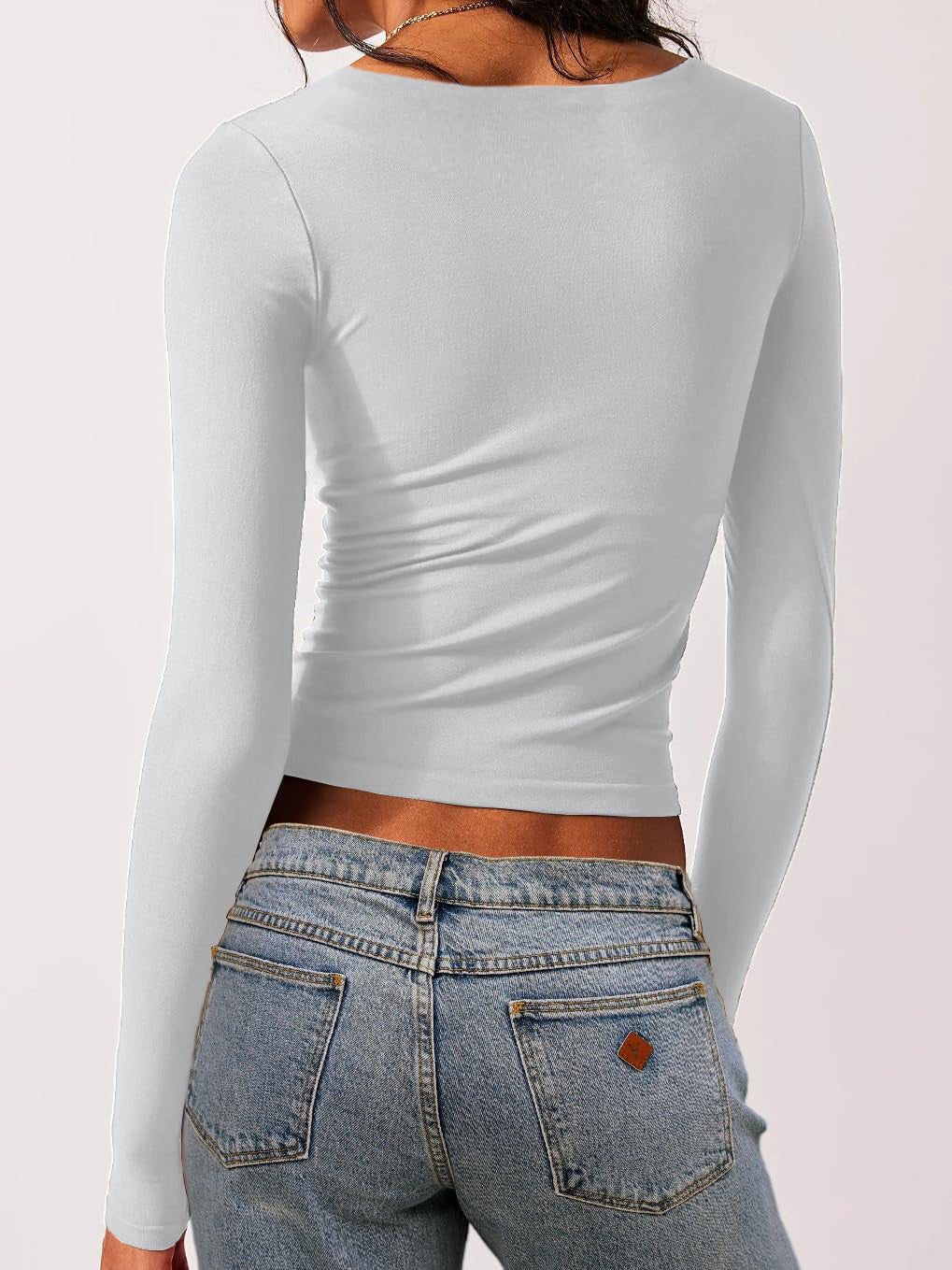Square Neck Fitted Long Sleeve Top - White - 1