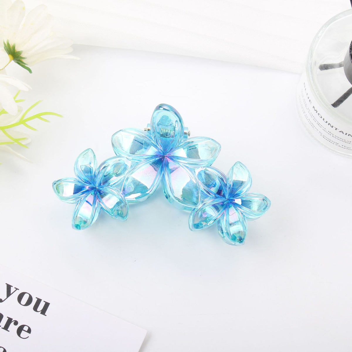 Triple Plumeria Bloom Hair Claw Clip - Blue