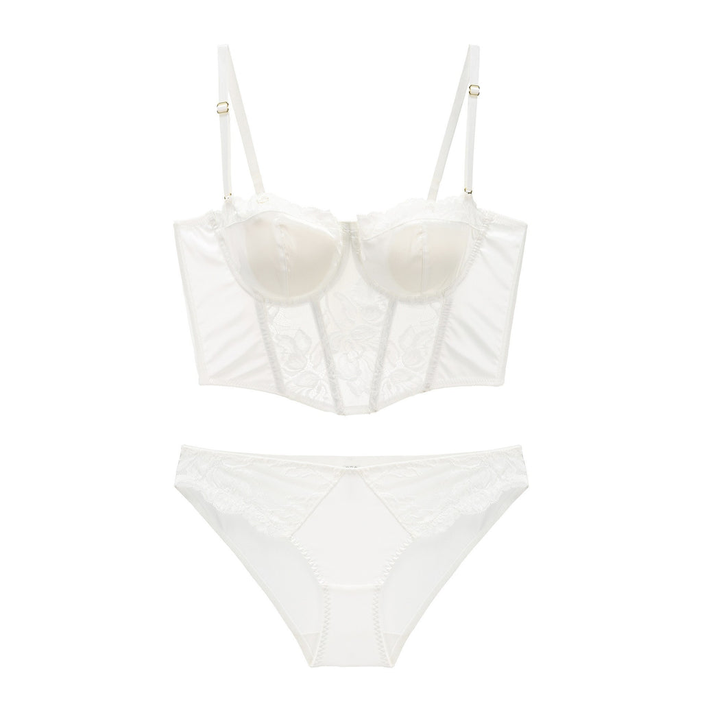 Satin Lace Longline Bustier Bra And Panty Set - White