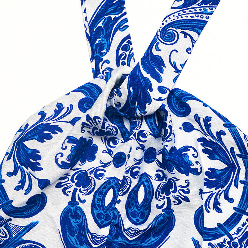 Porcelain Print Halter Maxi Dress - Blue - 12
