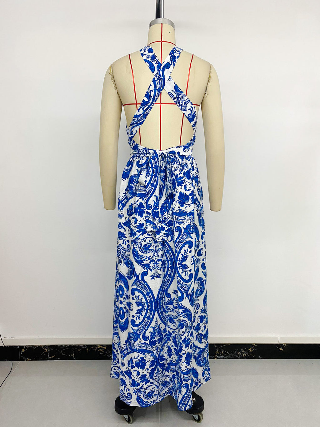 Porcelain Print Halter Maxi Dress - Blue - 5