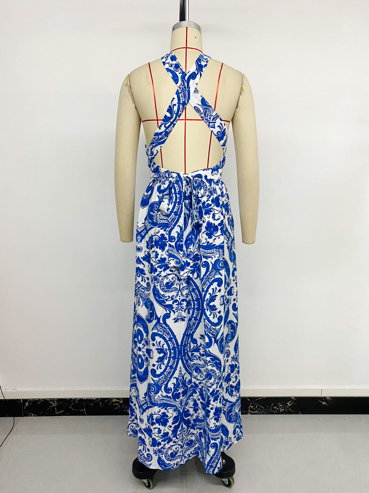 Porcelain Print Halter Maxi Dress - Blue - 5