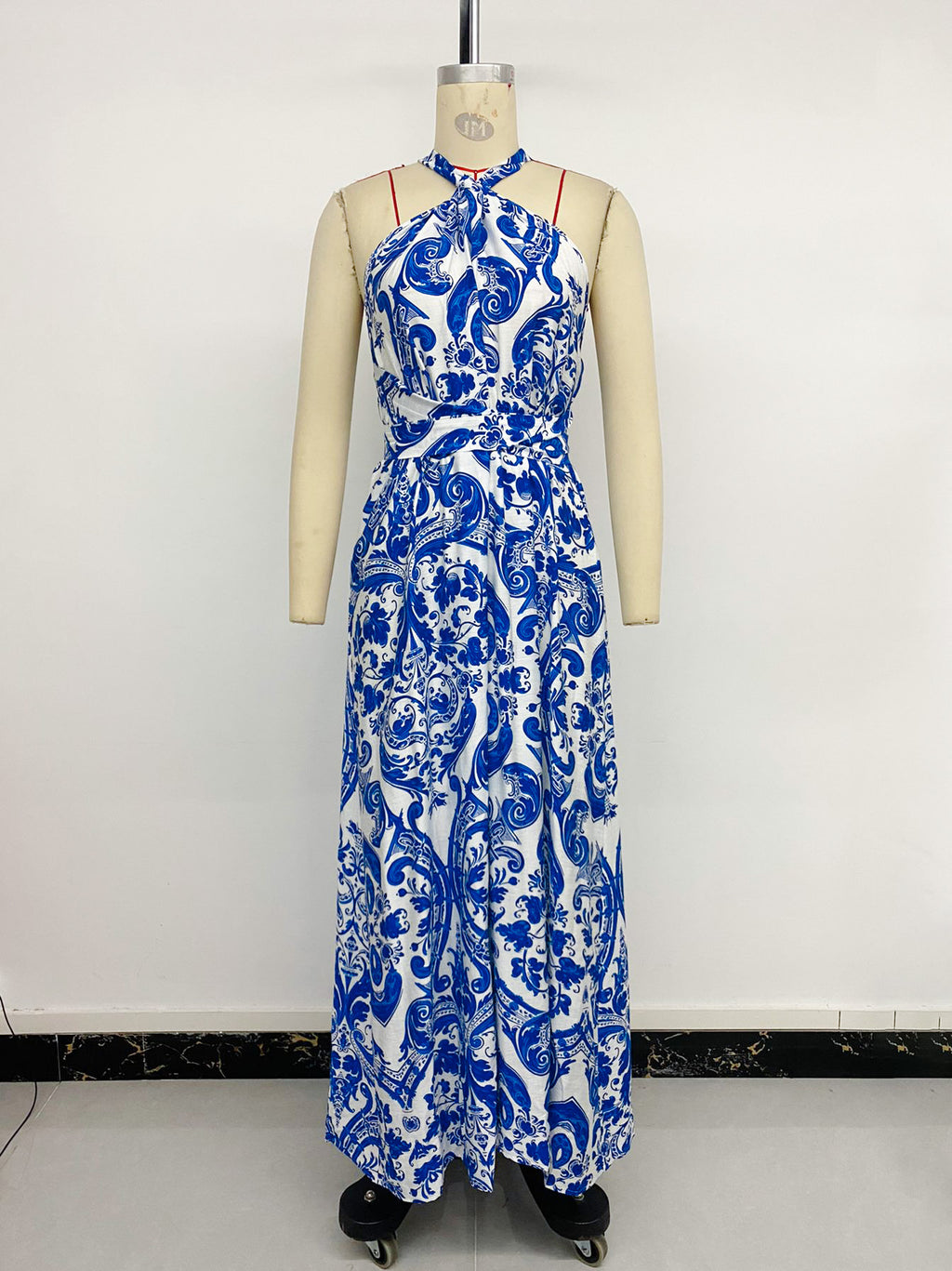 Porcelain Print Halter Maxi Dress - Blue - 6