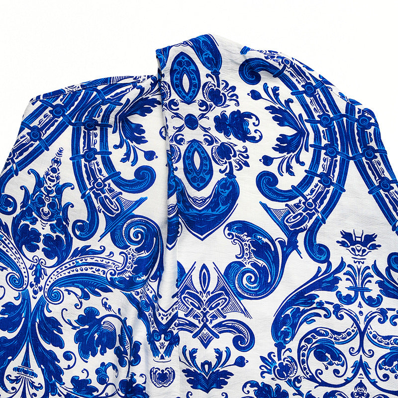 Porcelain Print Halter Maxi Dress - Blue - 7