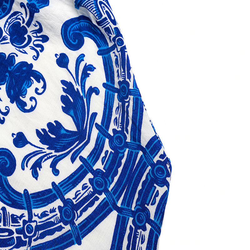 Porcelain Print Halter Maxi Dress - Blue - 8