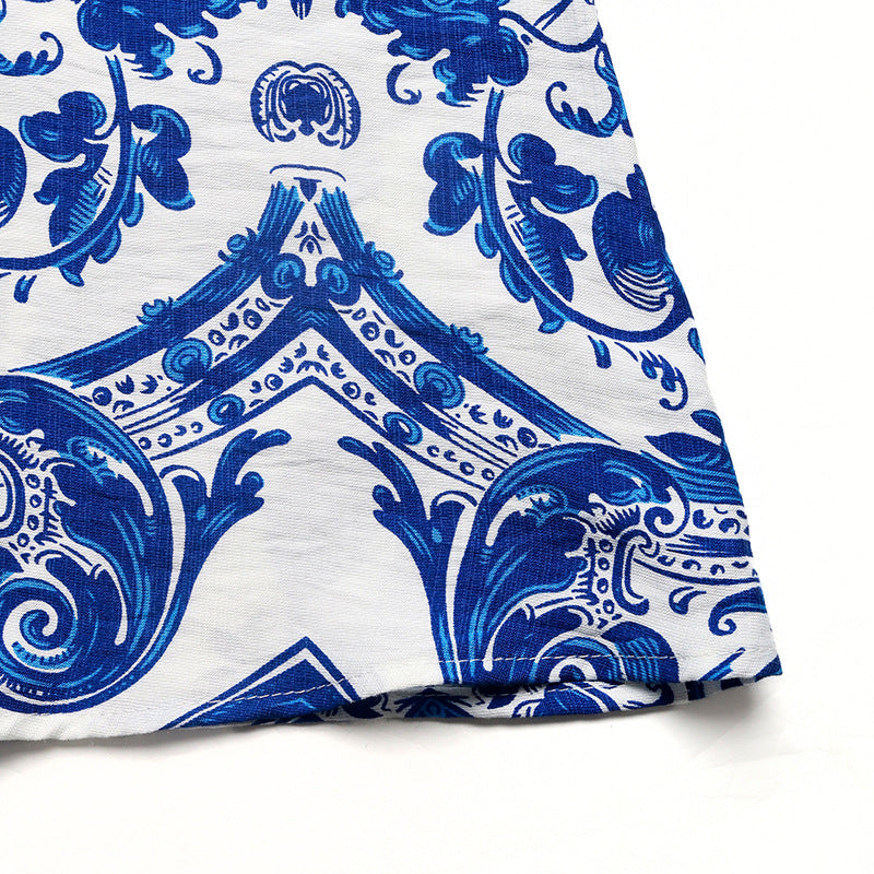 Porcelain Print Halter Maxi Dress - Blue - 9