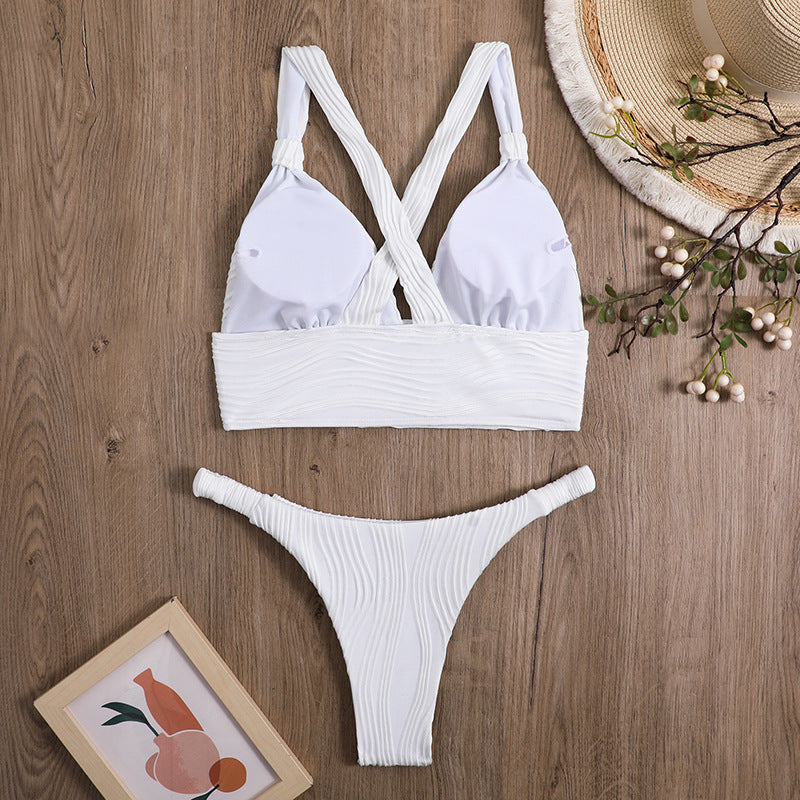 Textured Rib Cross Back Bikini Set - White - 5