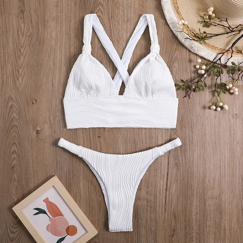 Textured Rib Cross Back Bikini Set - White - 7
