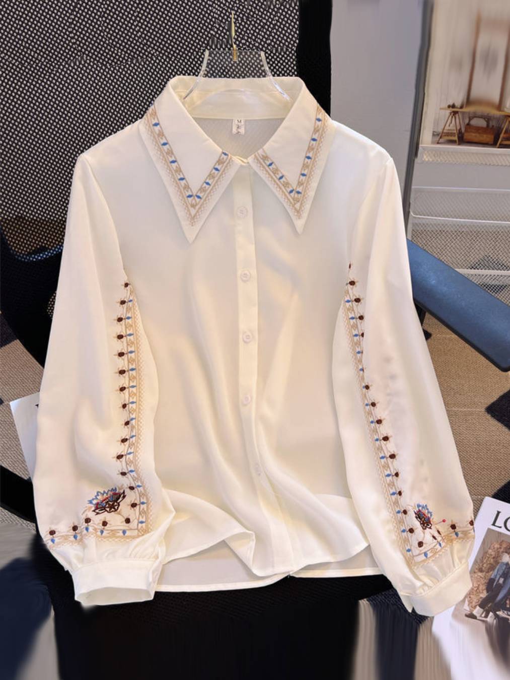 Embroidered Collar Long Sleeve Button Down Shirt - white