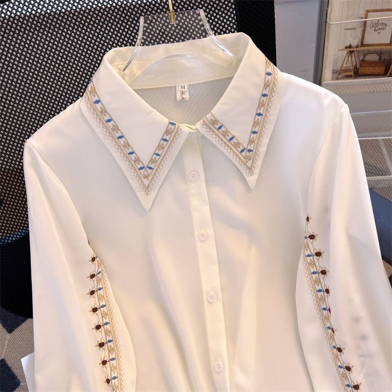 Embroidered Collar Long Sleeve Button Down Shirt - white - 1