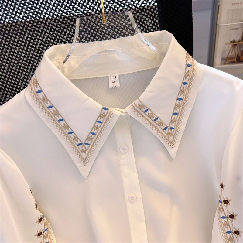 Embroidered Collar Long Sleeve Button Down Shirt - white - 2