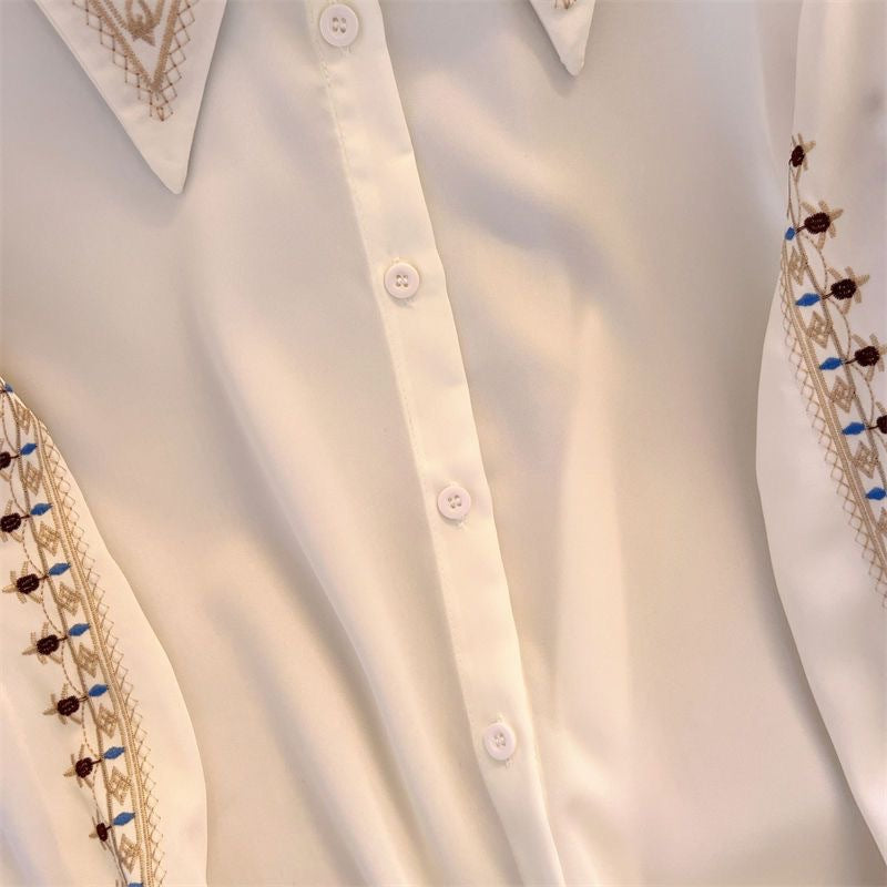 Embroidered Collar Long Sleeve Button Down Shirt - white - 3