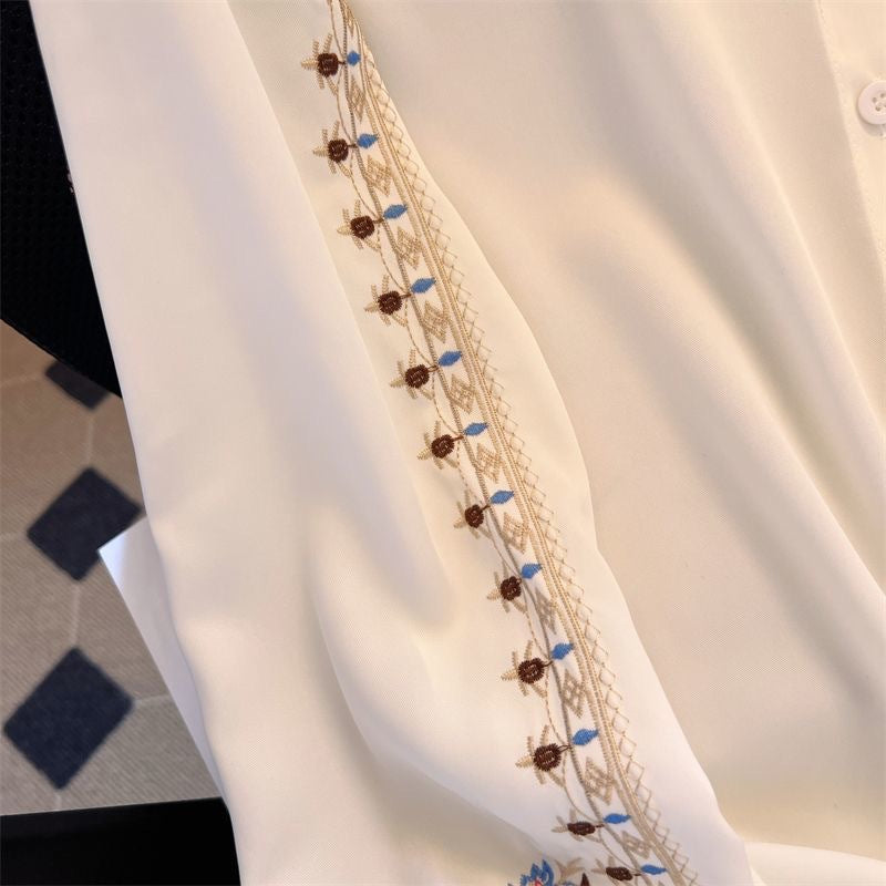 Embroidered Collar Long Sleeve Button Down Shirt - white - 4