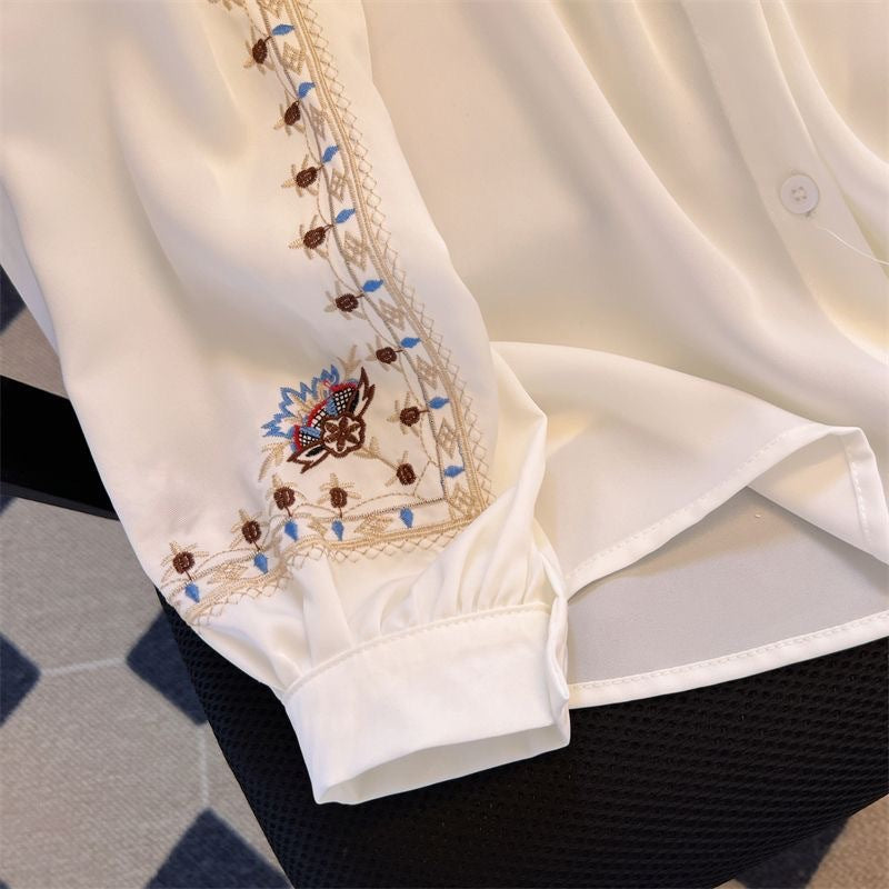 Embroidered Collar Long Sleeve Button Down Shirt - white - 5