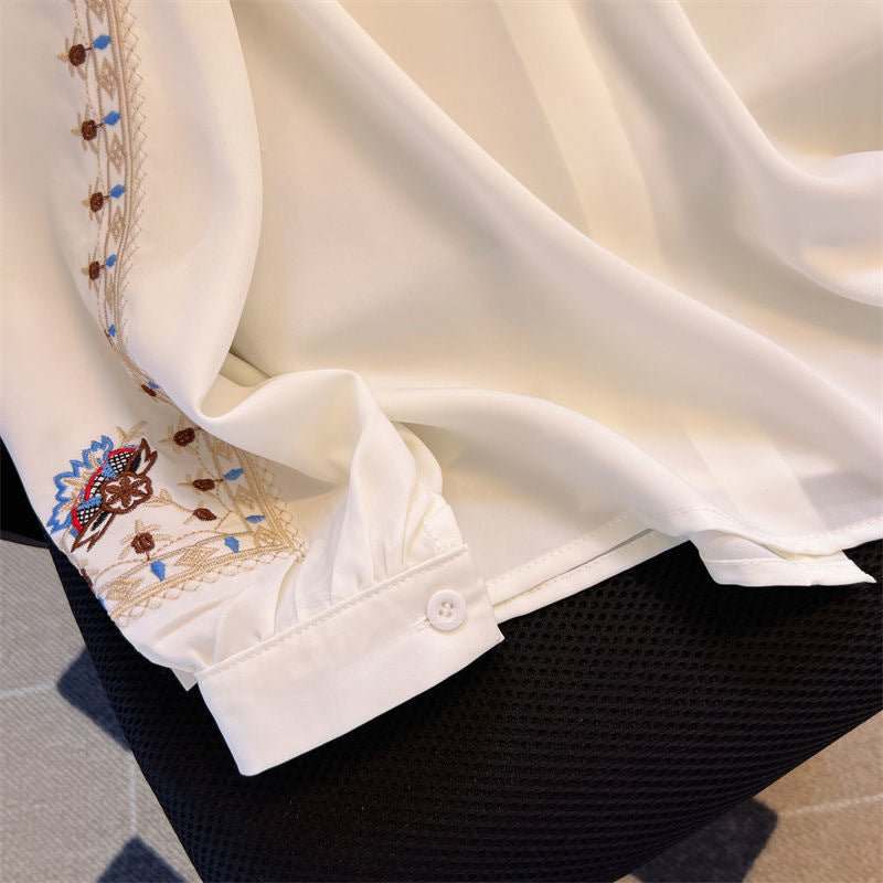 Embroidered Collar Long Sleeve Button Down Shirt - white - 6