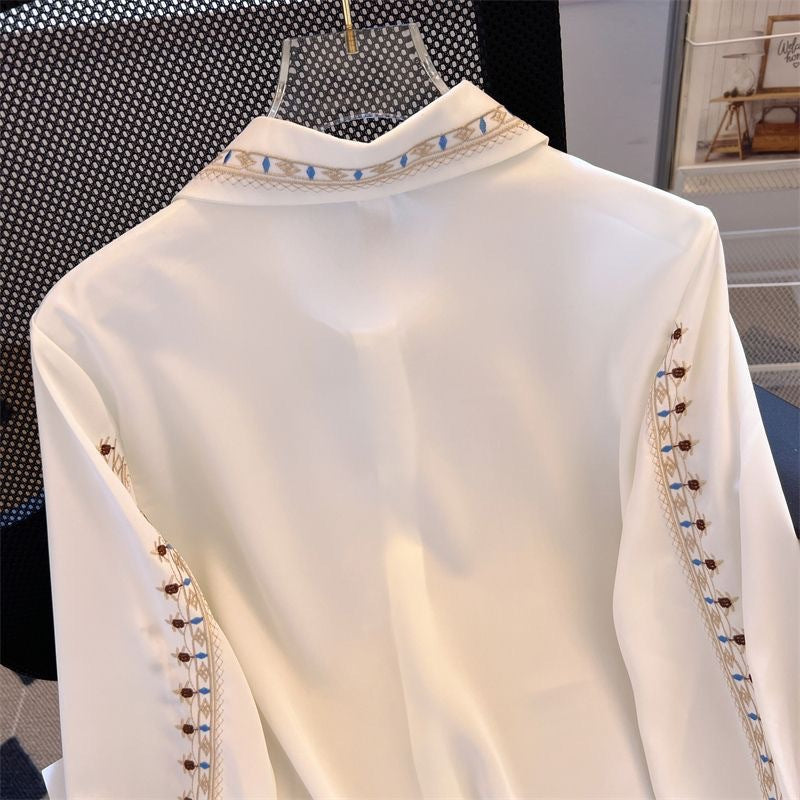 Embroidered Collar Long Sleeve Button Down Shirt - white - 7