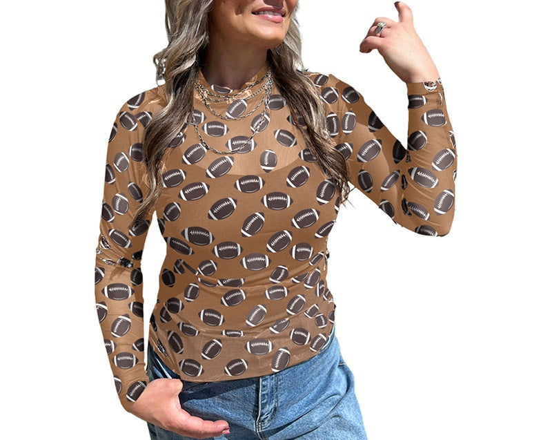 Football Print Sheer Mesh Long Sleeve Shirt - Coffee