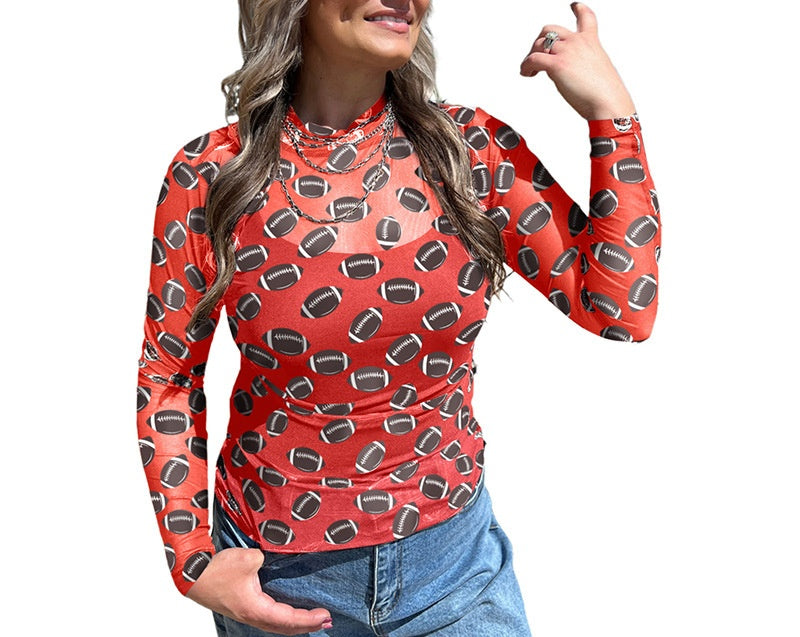 Football Print Sheer Mesh Long Sleeve Shirt - Red
