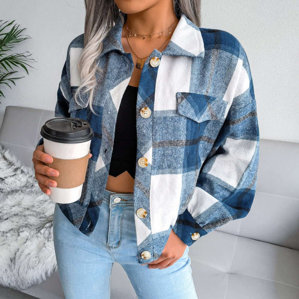 Cropped Plaid Flannel Button Up Jacket - Blue