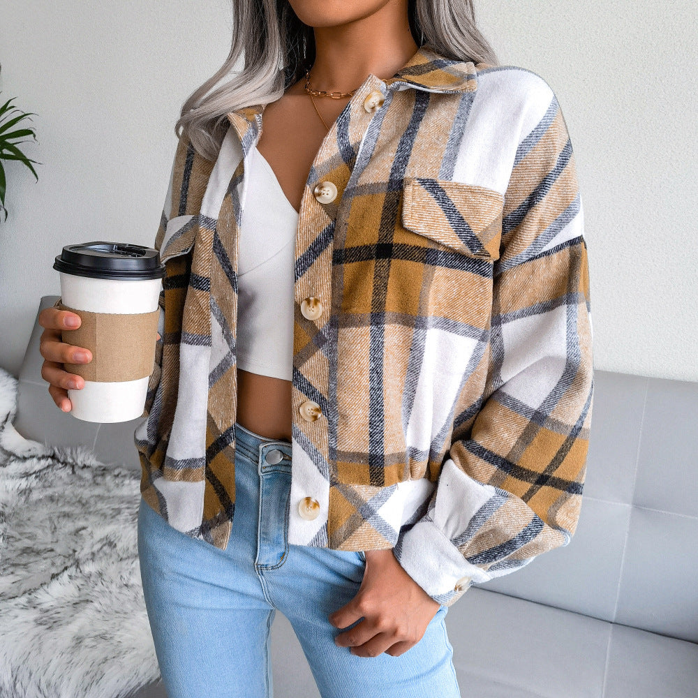 Cropped Plaid Flannel Button Up Jacket - Khaki