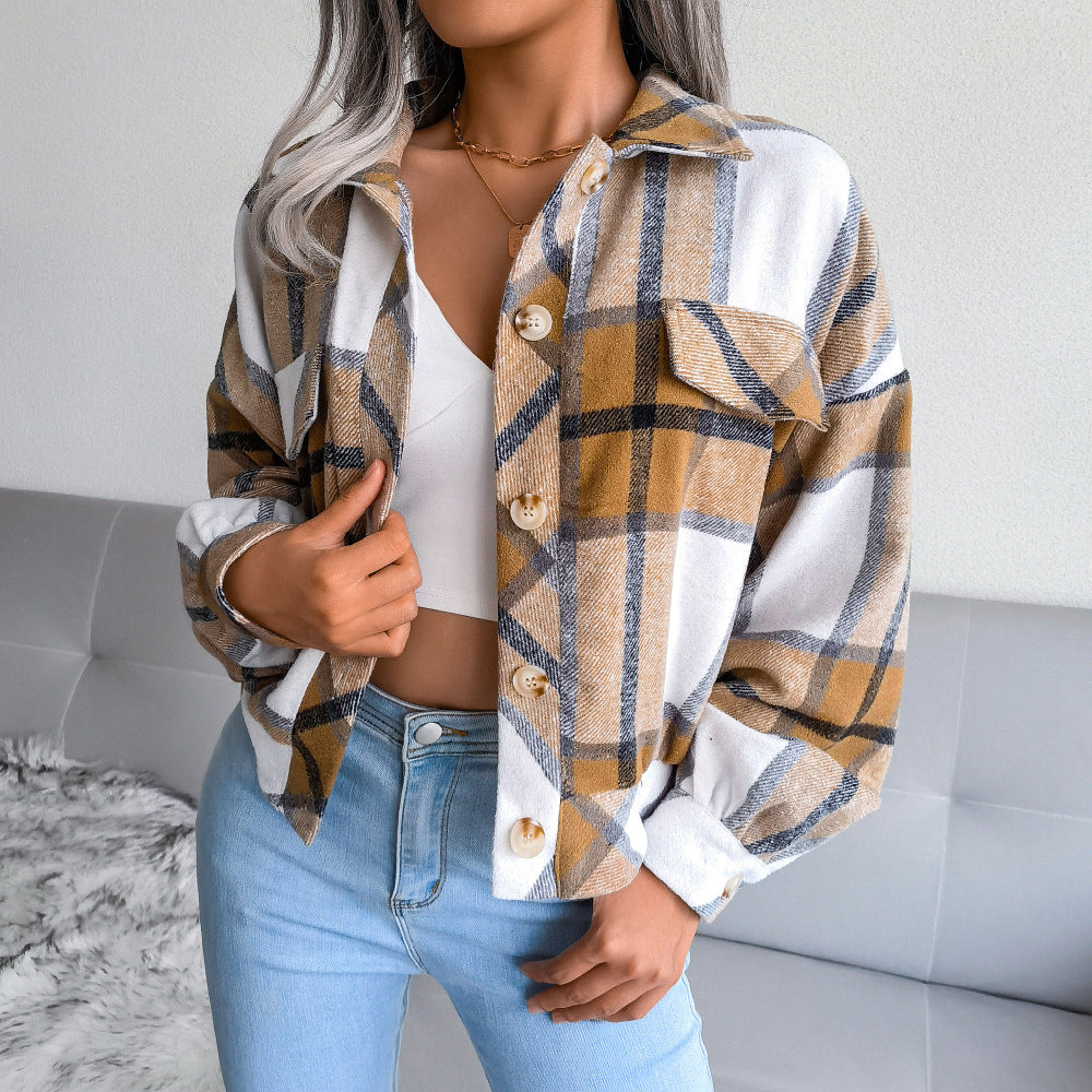 Cropped Plaid Flannel Button Up Jacket