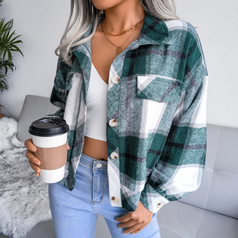 Cropped Plaid Flannel Button Up Jacket - green