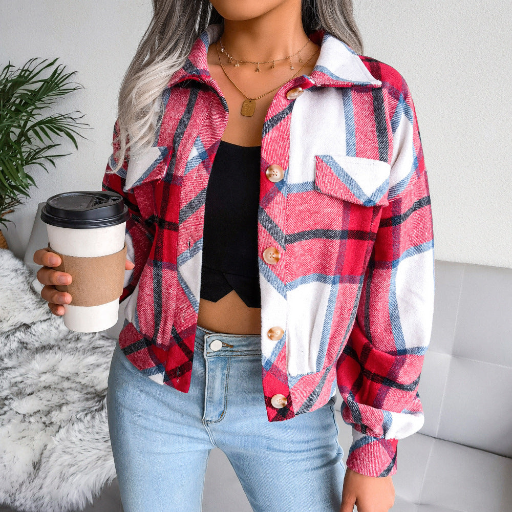 Cropped Plaid Flannel Button Up Jacket - red